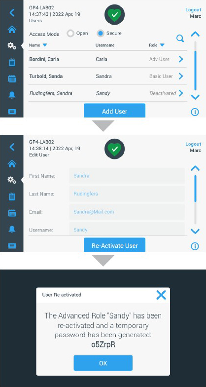 Figure 1: An example of the advanced user management system steps for “reactivating” an advanced user profile