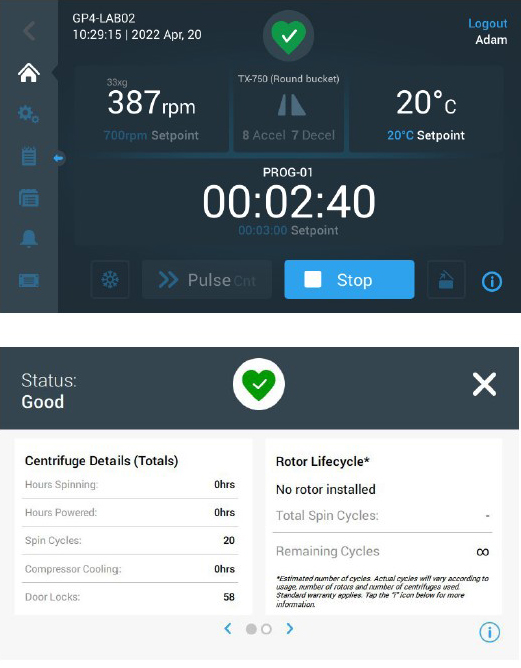 Figure 4: Centrifuge and rotor health in detail on the Health Status screen